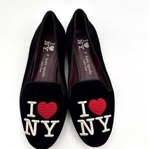 Kate Spade Lounge New York I Love NY Flats Black Suede Embroidered Size 6.5